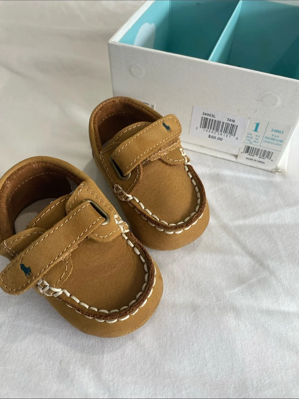 Ralph Lauren Tan Leather Baby Moccasins with Velcro Strap